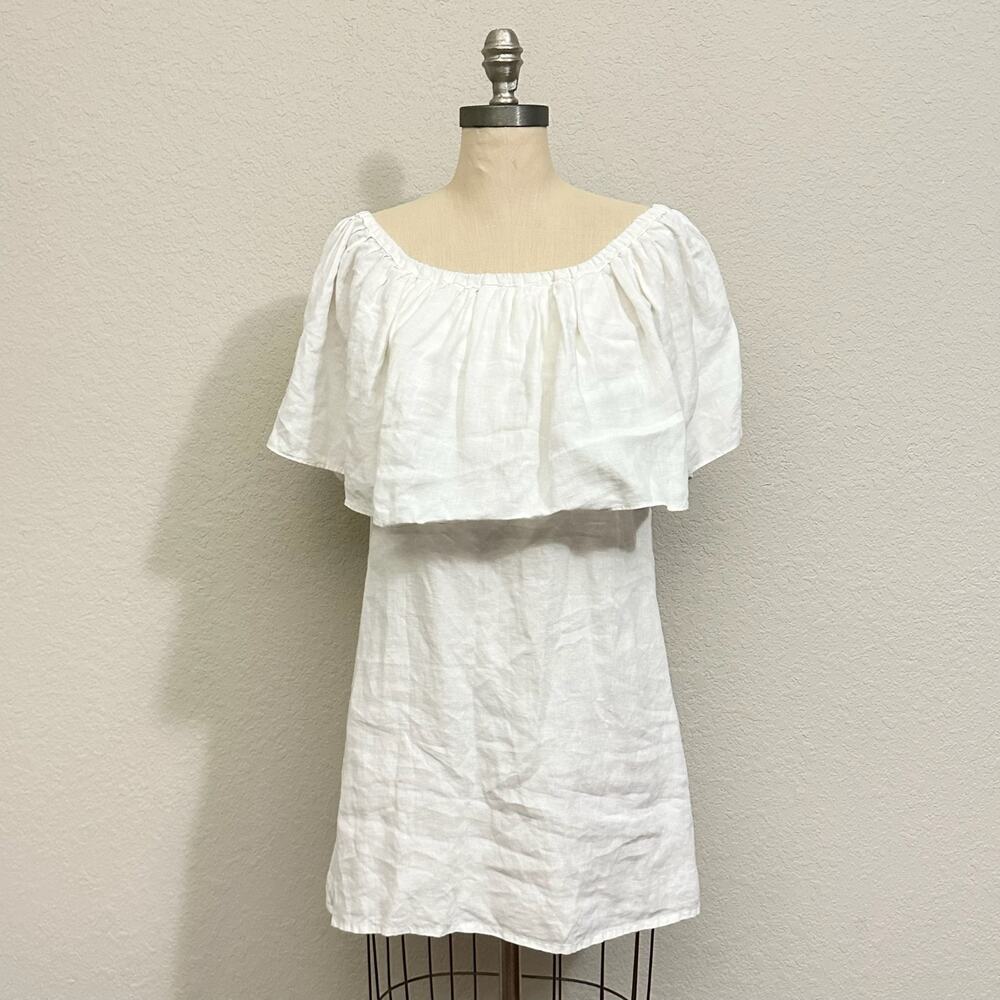 NATALIE DEAYALA Mini Dress White Ruffled Overlay Off Shoulder Beach